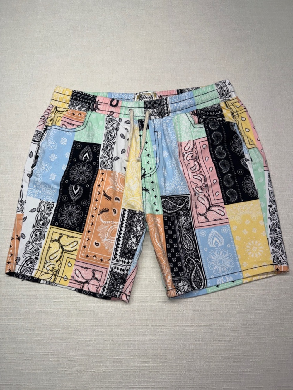 fresh Prints Stretch Twill Patchwork Bandana Drawstring Shorts